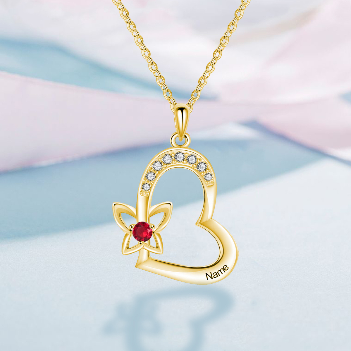 10K Yellow Gold Personalized Engraved Butterfly With Heart Pendant Necklace For Women-3