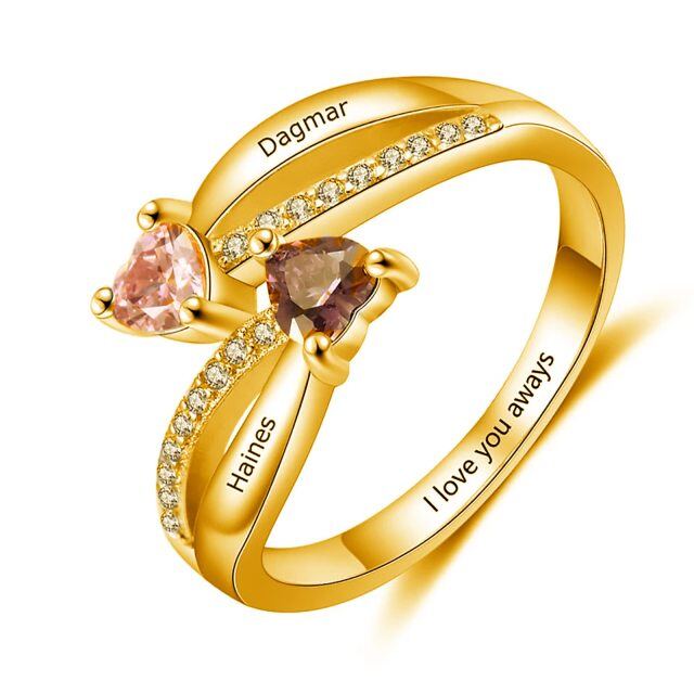 Bague de naissance personnalisée avec pierre de naissance gravée en forme de cœur en or 10 carats et zircone cubique-1