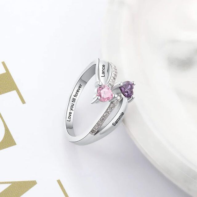 Bague de naissance personnalisée avec pierre de naissance gravée en forme de cœur en or 10 carats et zircone cubique-3