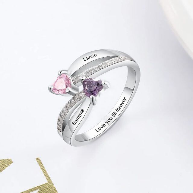 10K Gold Heart Cubic Zirconia Personalized Birthstone & Engraving Birthstone Ring-4