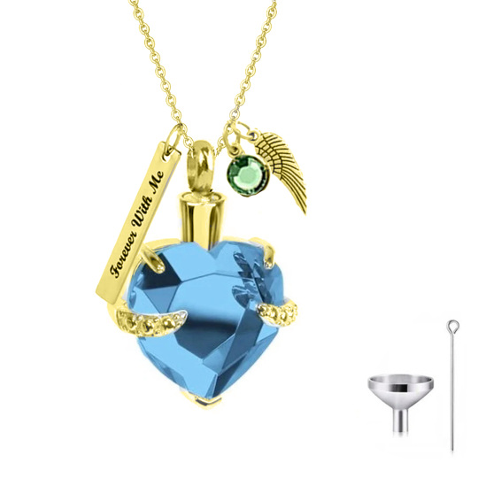 Collana con urna a forma di ali d'angelo con nome classico personalizzato in zirconia cubica a forma di cuore in oro 10K per le ceneri