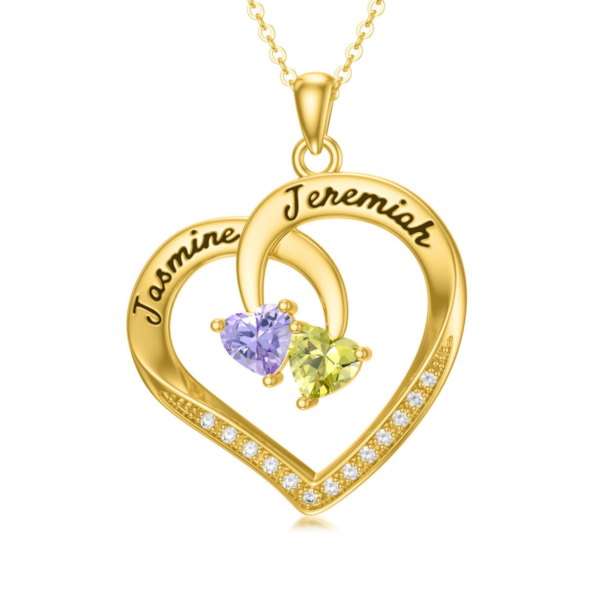 Collier à pendentifs en or 10K à zircon cubique et cœur personnalisé avec nom et pierre de naissance-1