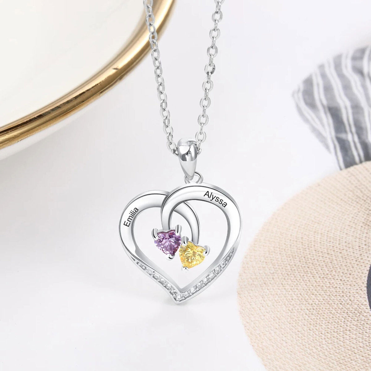 Collier à pendentifs en or 10K à zircon cubique et cœur personnalisé avec nom et pierre de naissance-2