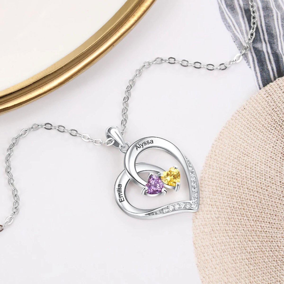 10K Gold Cubic Zirconia Heart Personalized Name and Birthstone Pendant Necklace-3