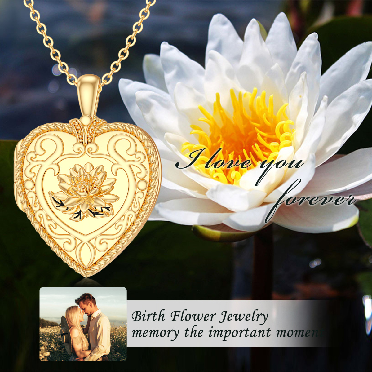 10K Gold Daisy & Heart Personalized Photo Locket Necklace-5