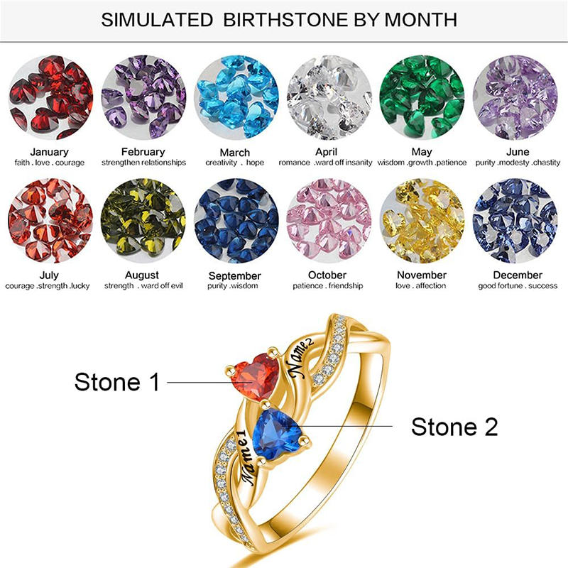 10K Gold Heart Birthstone Personalised Name Enterity Ring For Women-3