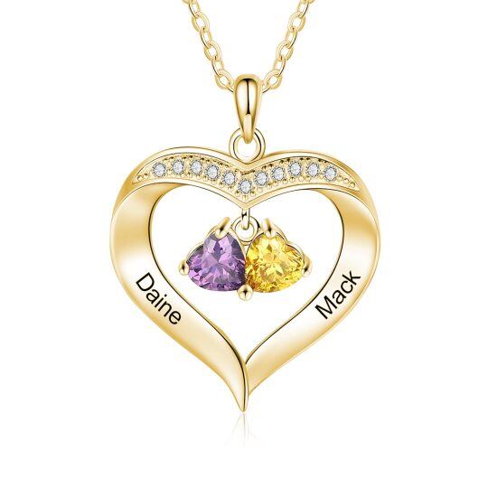 10K Gold Heart Cubic Zirconia Personalized Birthstone Engraving Pendant Necklace For Women