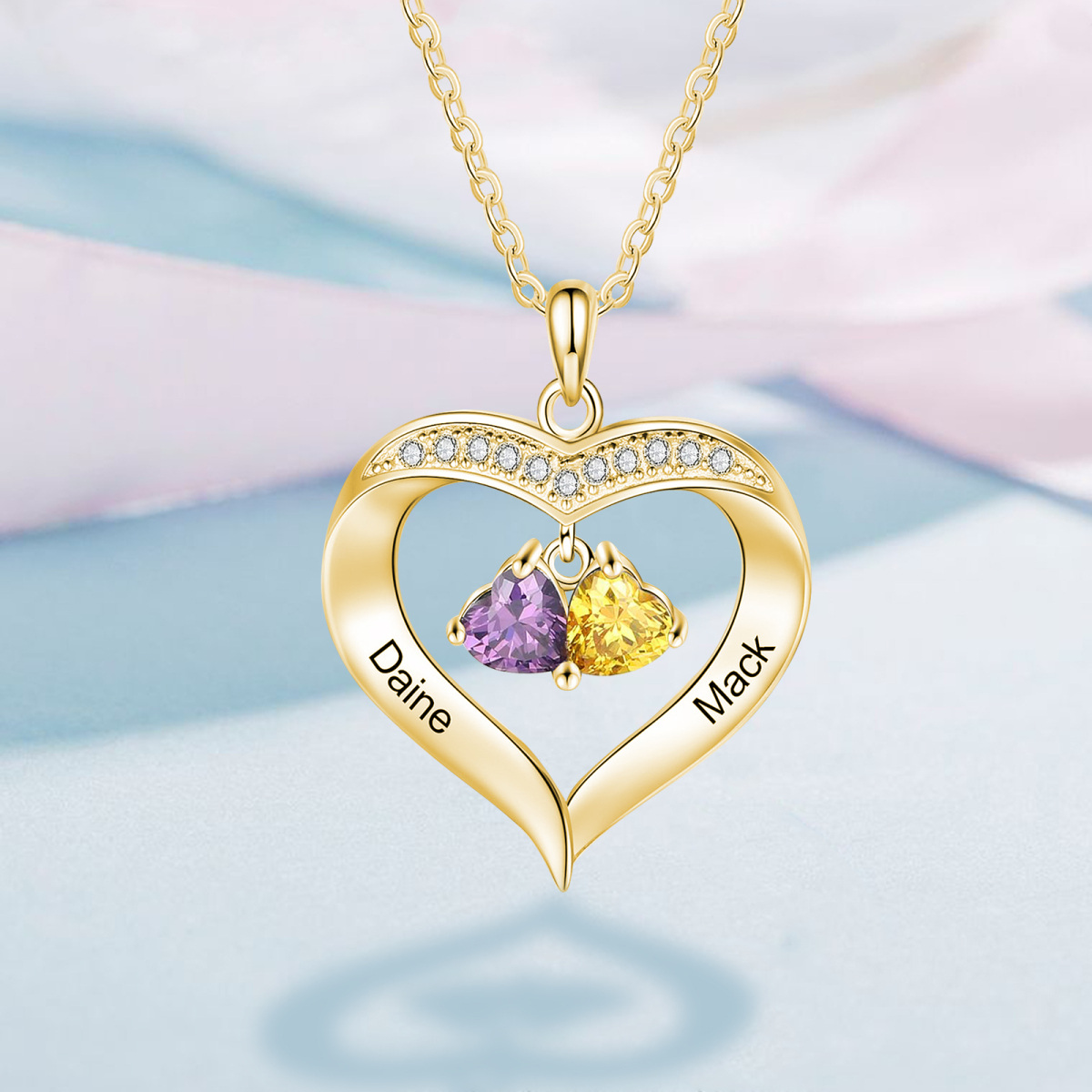 Collana con ciondolo con pietra portafortuna personalizzata con zirconi a forma di cuore in oro 10 carati per donna-3