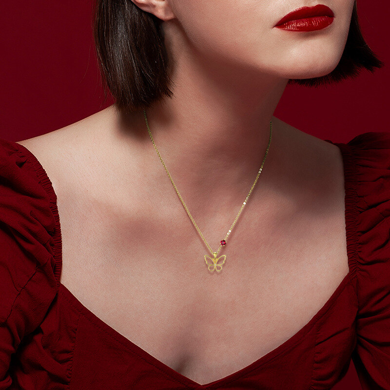 10K witgouden hartvormige zirkonia en gepersonaliseerde geboortesteen vlinderhanger ketting-2