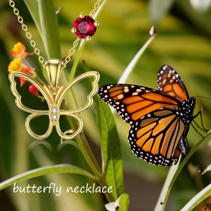 10K witgouden hartvormige zirkonia en gepersonaliseerde geboortesteen vlinderhanger ketting-6