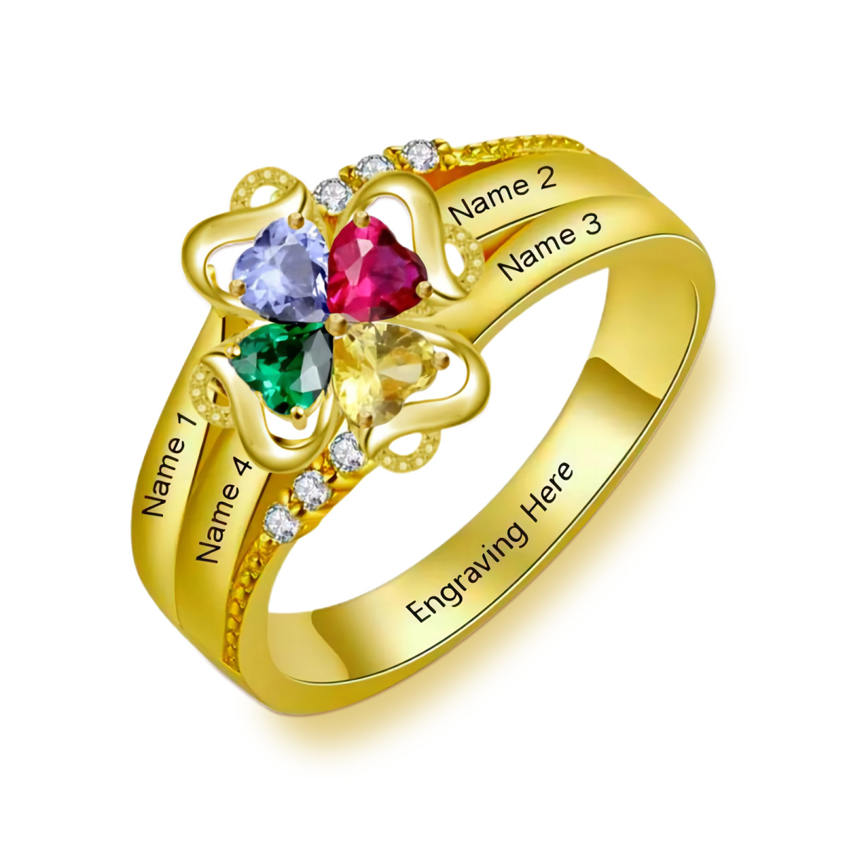 10K Gold Heart Shaped Cubic Zirconia Personalized Birthstone & Personalized Classic Name Ring-1