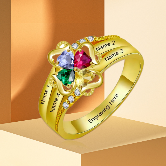 10K Gold Heart Shaped Cubic Zirconia Personalized Birthstone & Personalized Classic Name Ring-2