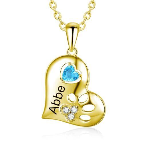 10K Gold Heart Shaped Personalized Birthstone & Personalized Engraving Paw & Heart Pendant Necklace-2