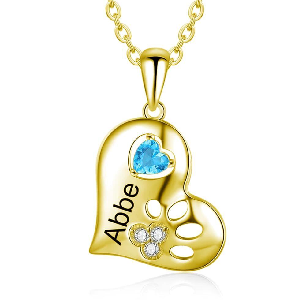 10K Gold Heart Birthstone & Personalized Engraving Paw Pendant Necklace For Womem-3