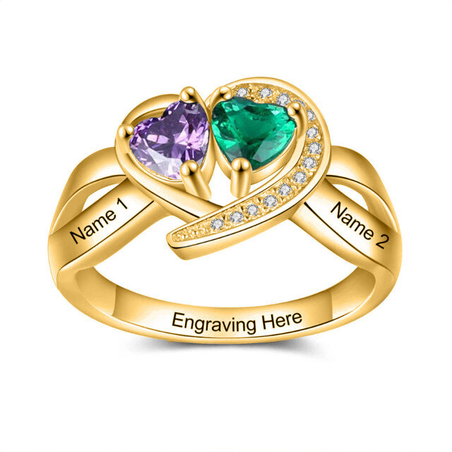 10K Gold Heart Personalised Birthstone & Personalised Engraving Ring For Women-1