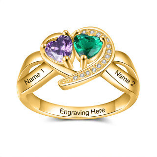 10K Gold Heart Personalised Birthstone & Personalised Engraving Ring For Women-4