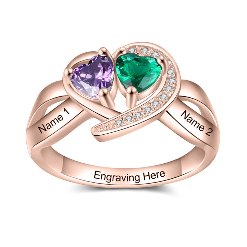 10K Rose Gold Heart Personalised Birthstone & Personalised Engraving Ring For Women-2