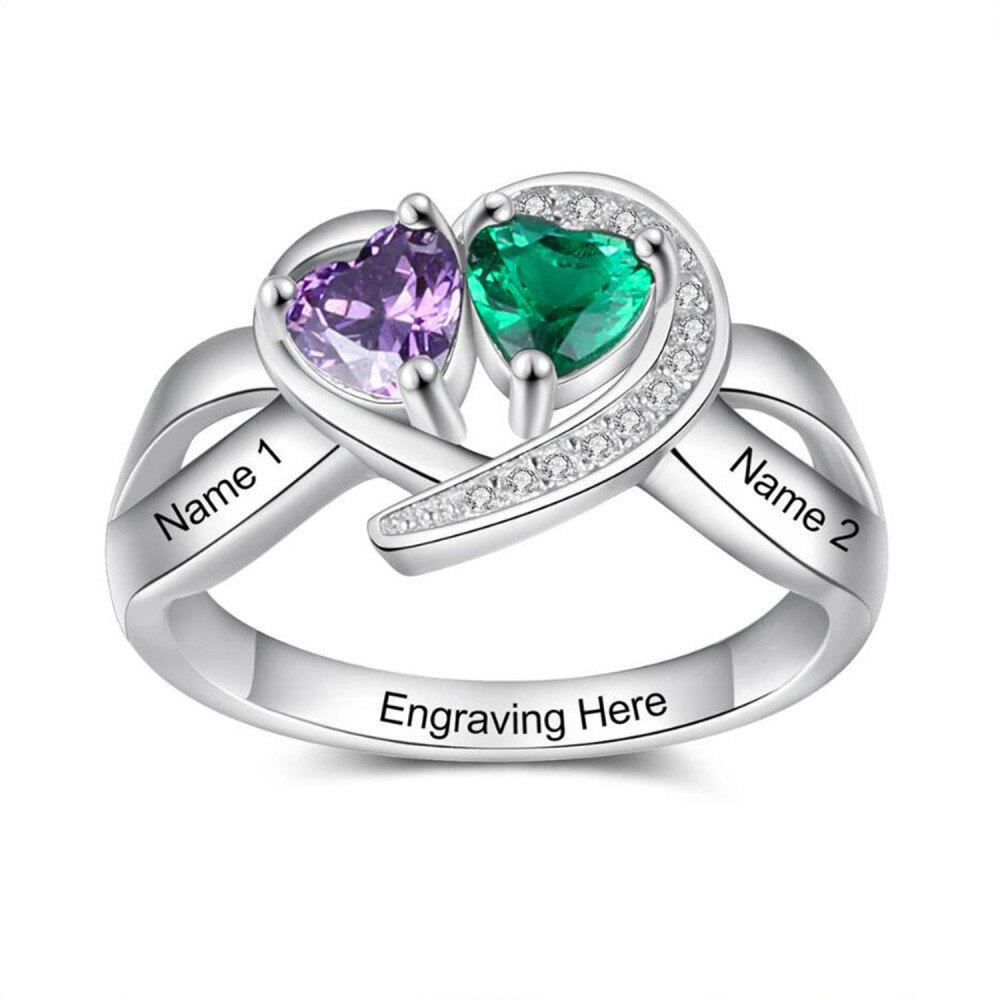 10K Rose Gold Heart Personalised Birthstone & Personalised Engraving Ring For Women-3
