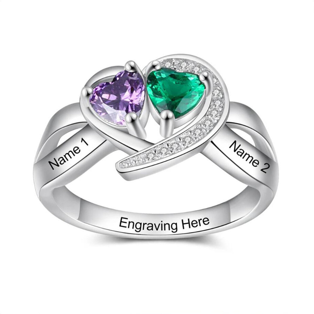 10K Gold Heart Personalised Birthstone & Personalised Engraving Ring For Women-3