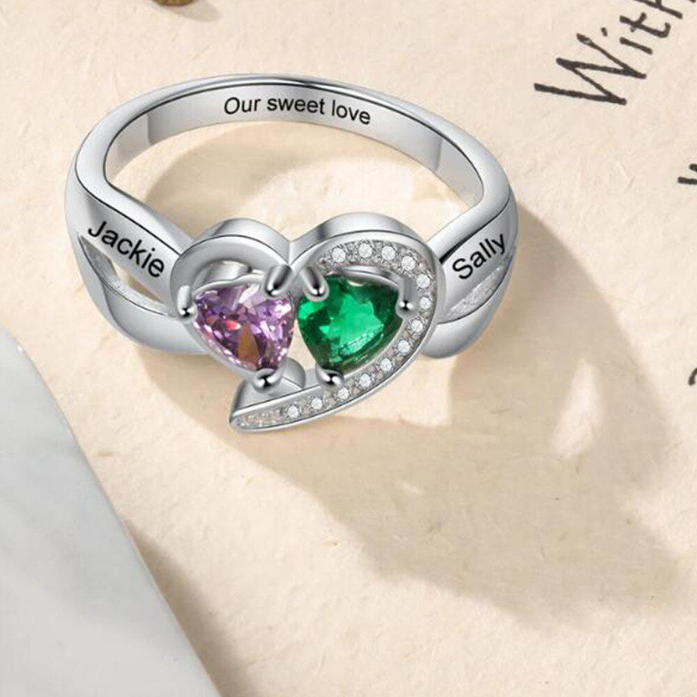 10K Rose Gold Heart Personalised Birthstone & Personalised Engraving Ring For Women-4