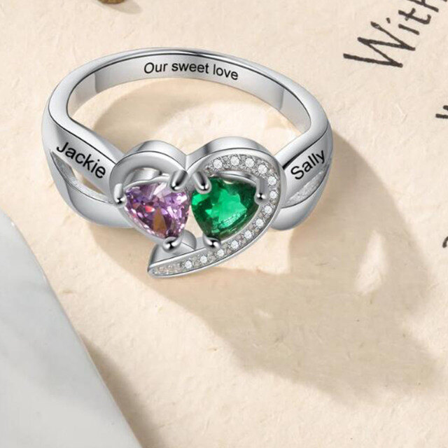 10K Gold Heart Personalised Birthstone & Personalised Engraving Ring For Women-4