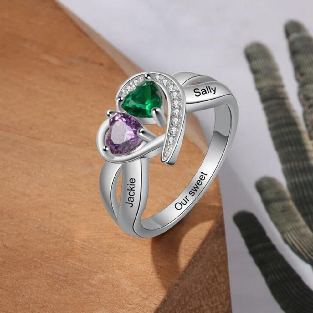 10K Rose Gold Heart Personalised Birthstone & Personalised Engraving Ring For Women-5