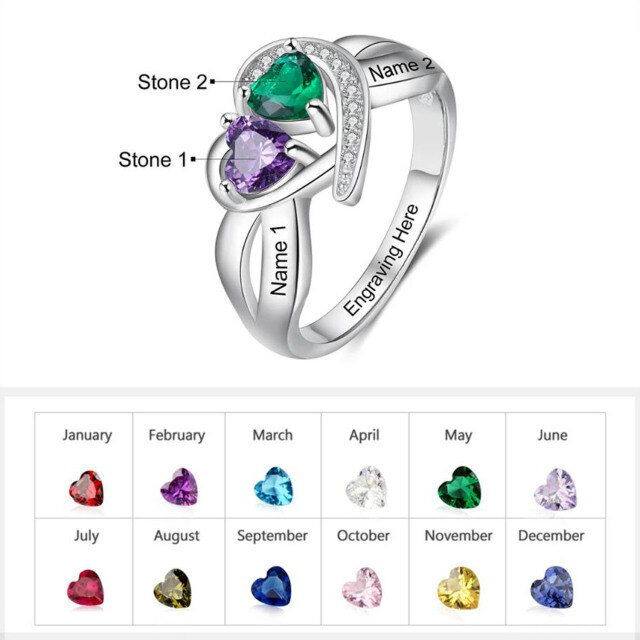 10K Gold Heart Personalised Birthstone & Personalised Engraving Ring For Women-7