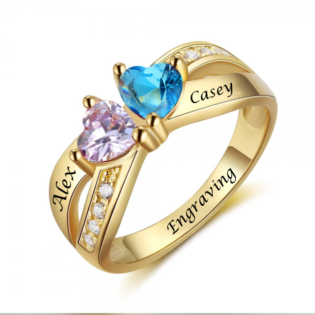 10K Gold Heart Shaped Personalized Birthstone & Personalized Engraving Birthstone Ring-1