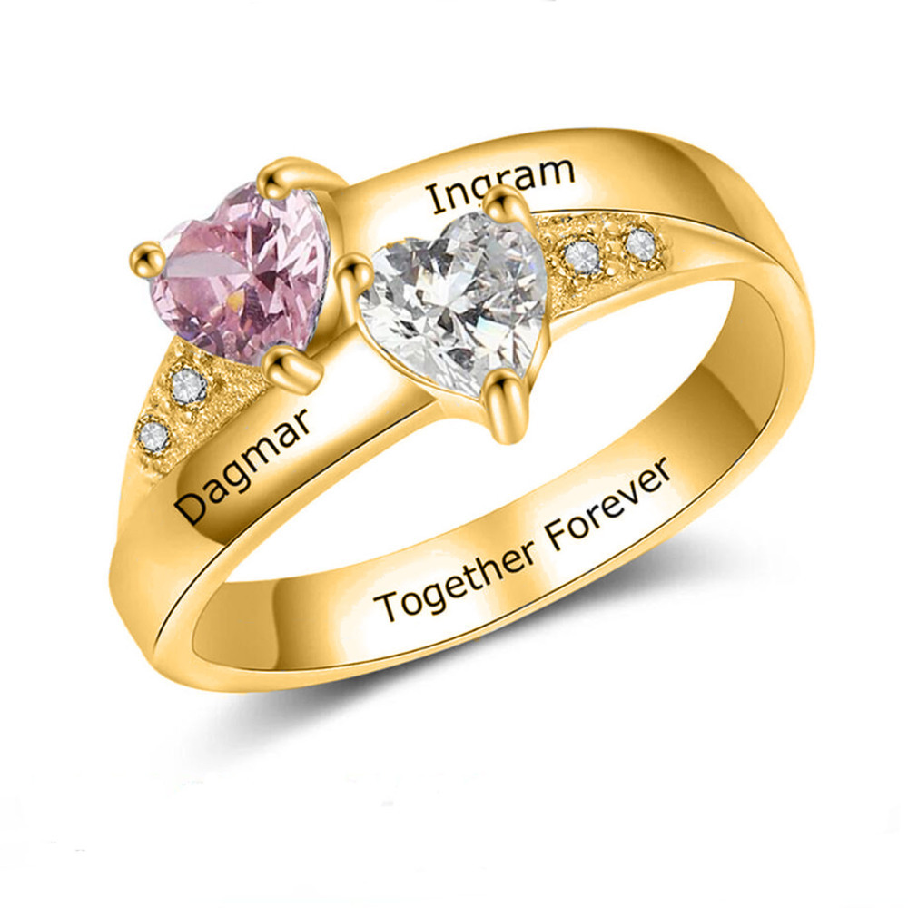 Anillo solitario de oro de 10 quilates con corte de corazón y dos piedras de nacimiento con nombre personalizado para ella-1