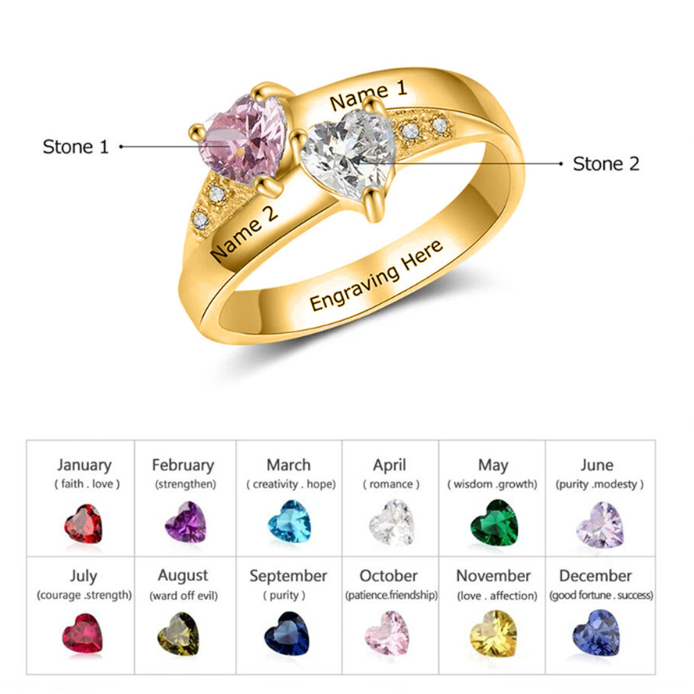 Anillo solitario de oro de 10 quilates con corte de corazón y dos piedras de nacimiento con nombre personalizado para ella-5