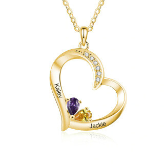 10K Gold Cubic Zirconia Personalised Birthstone Heart Pendant Necklace For Women-45