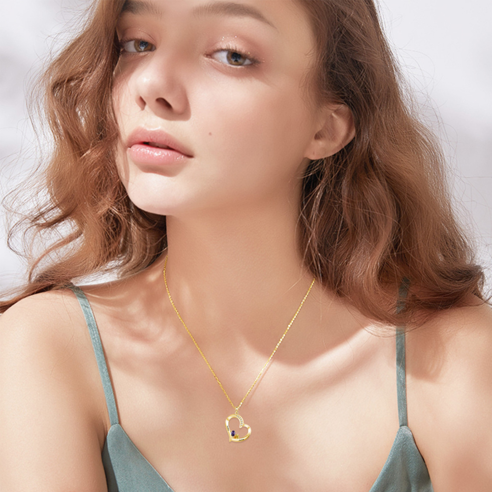 Collar con colgante de corazón de piedra natal personalizada con circonita cúbica de oro de 10 quilates para mujer-2