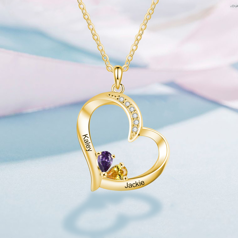 Collar con colgante de corazón de piedra natal personalizada con circonita cúbica de oro de 10 quilates para mujer-3