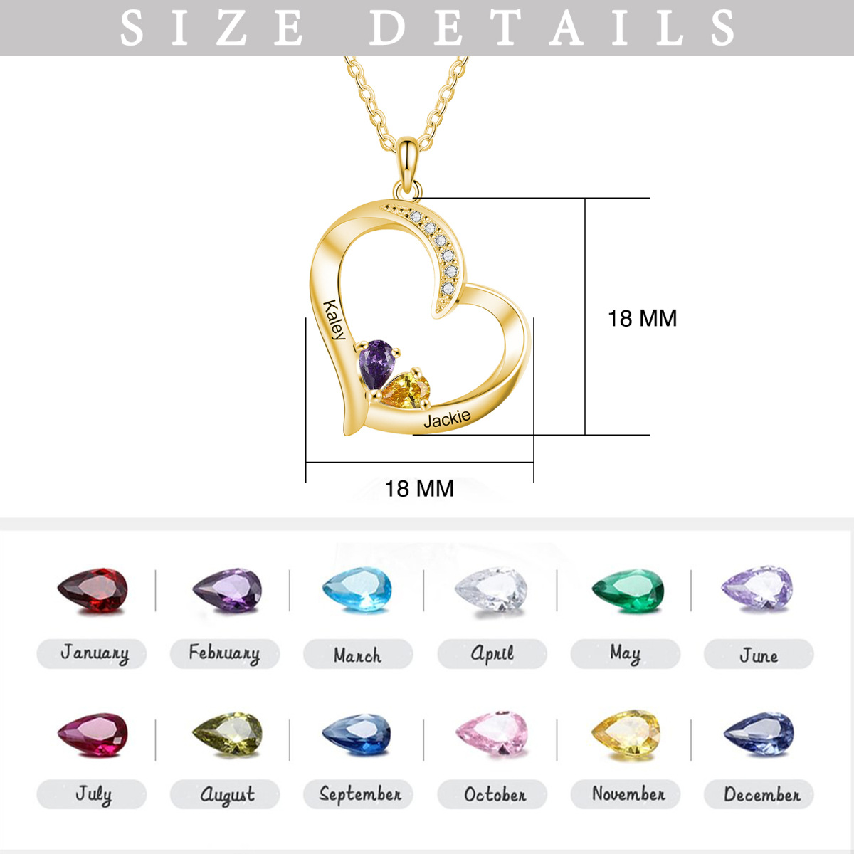 10K Gold Cubic Zirconia Personalised Birthstone Heart Pendant Necklace For Women-4