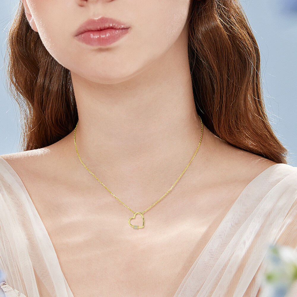 10K Gold Cubic Zirconia Personalized Engraving Heart Necklace for Women-2