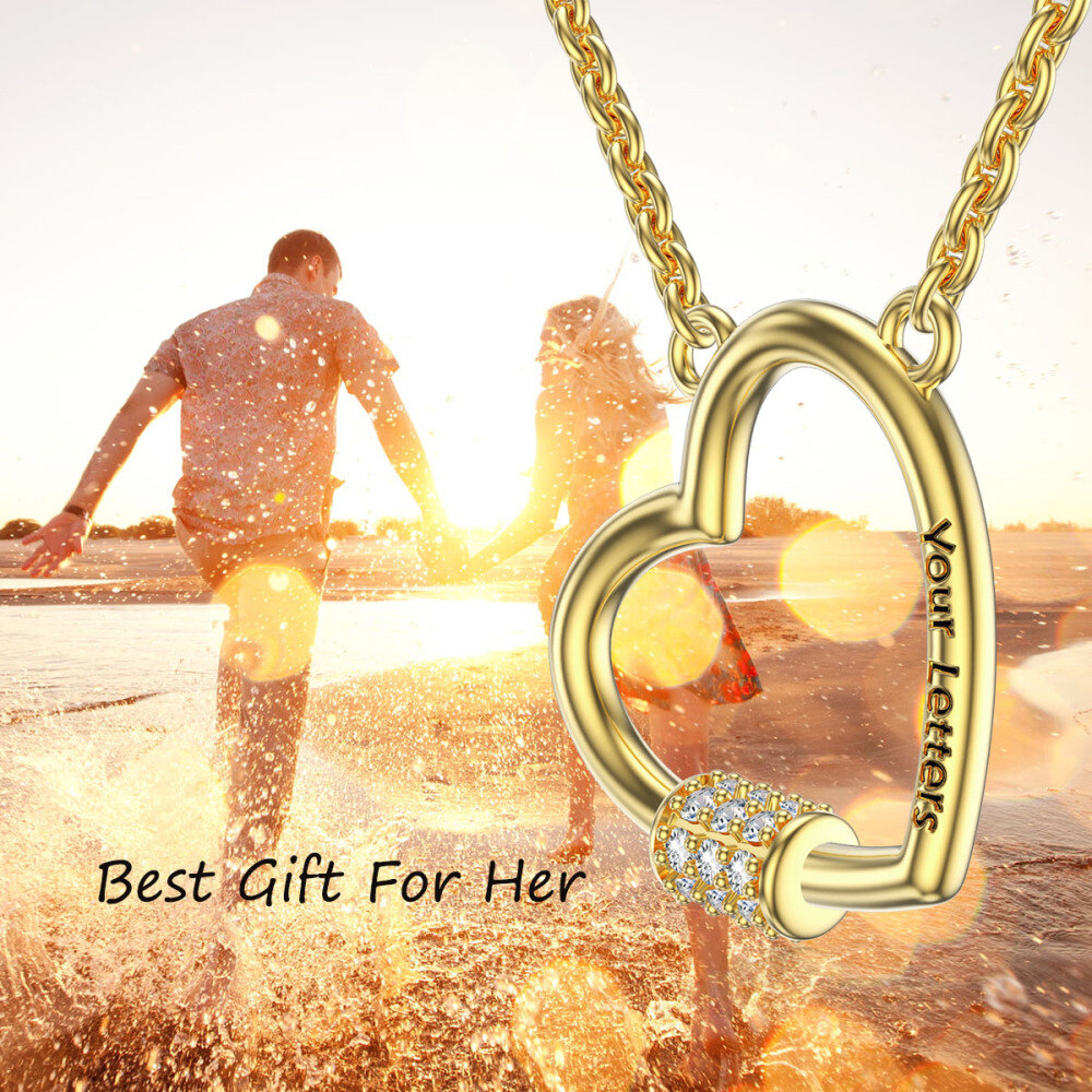 10K Gold Cubic Zirconia Personalized Engraving Heart Necklace for Women-6
