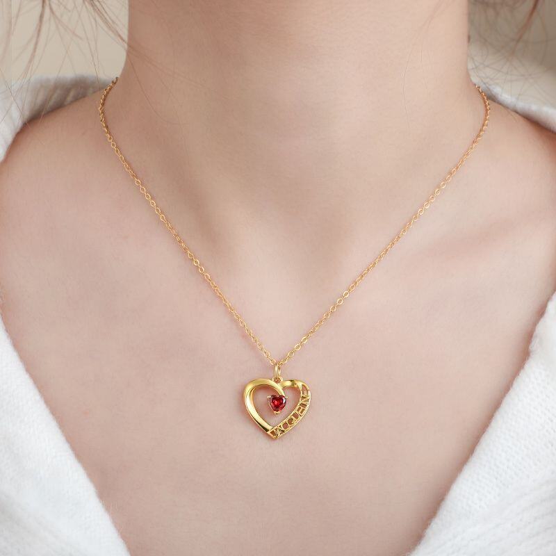 10K Gold Heart Cubic Zirconia Personalized Birthstone Pendant Necklace For Women-2