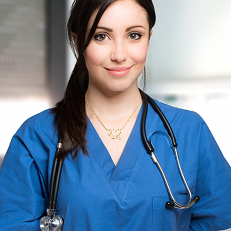 14K White Gold Personalized Classic Name & Heart & Stethoscope Pendant Necklace-2