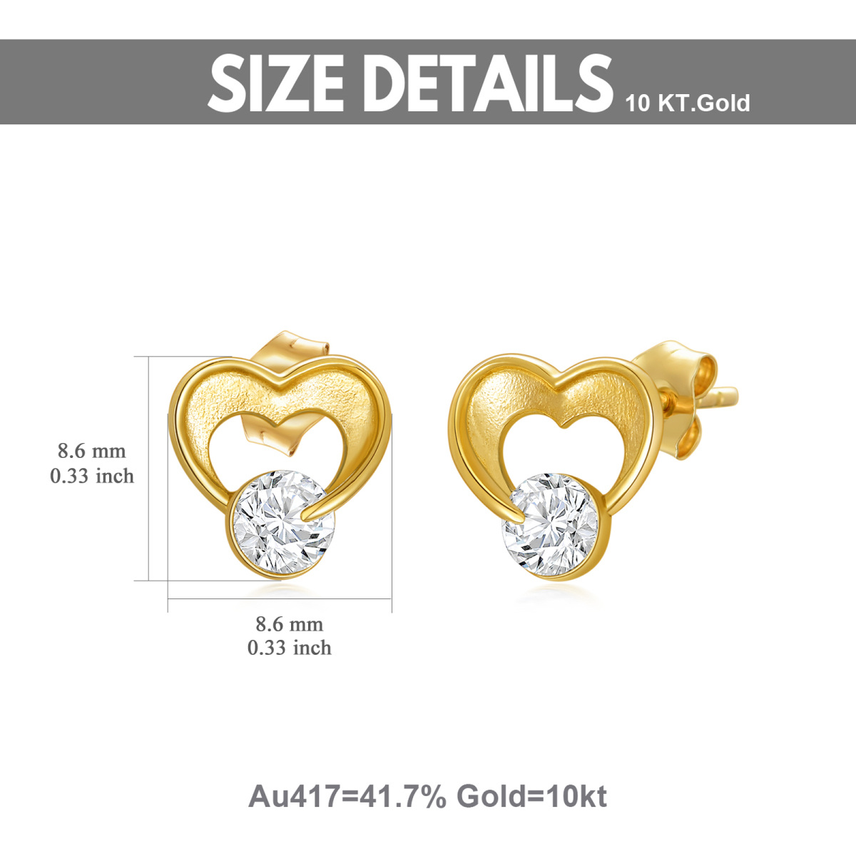 10K Gold Cubic Zirconia Heart Stud Earrings-5