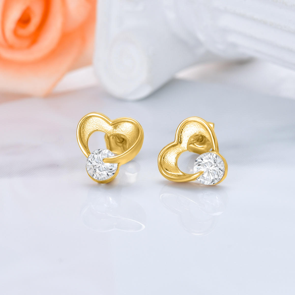 10K Gold Cubic Zirconia Heart Stud Earrings-3