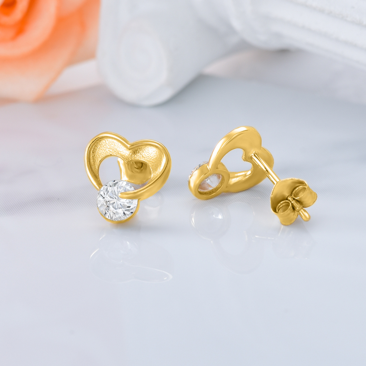 10K Gold Cubic Zirconia Heart Stud Earrings-4