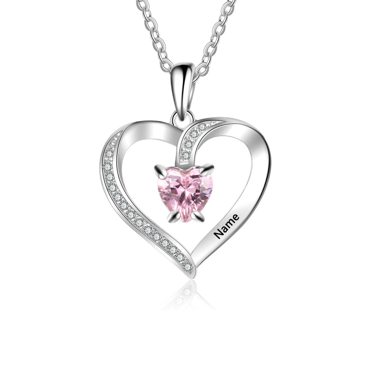 10K White Gold Heart Shaped Cubic Zirconia Personalized Birthstone Pendant Necklace-1