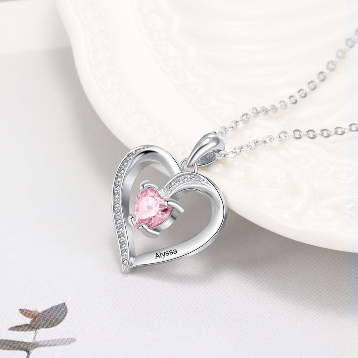 10K White Gold Heart Shaped Cubic Zirconia Personalized Birthstone Pendant Necklace-3