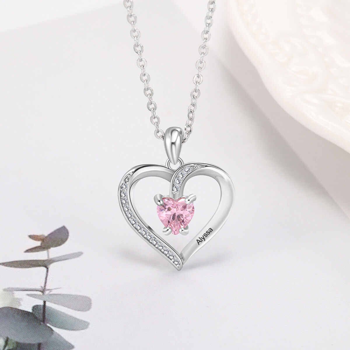 10K White Gold Heart Shaped Cubic Zirconia Personalized Birthstone Pendant Necklace-4