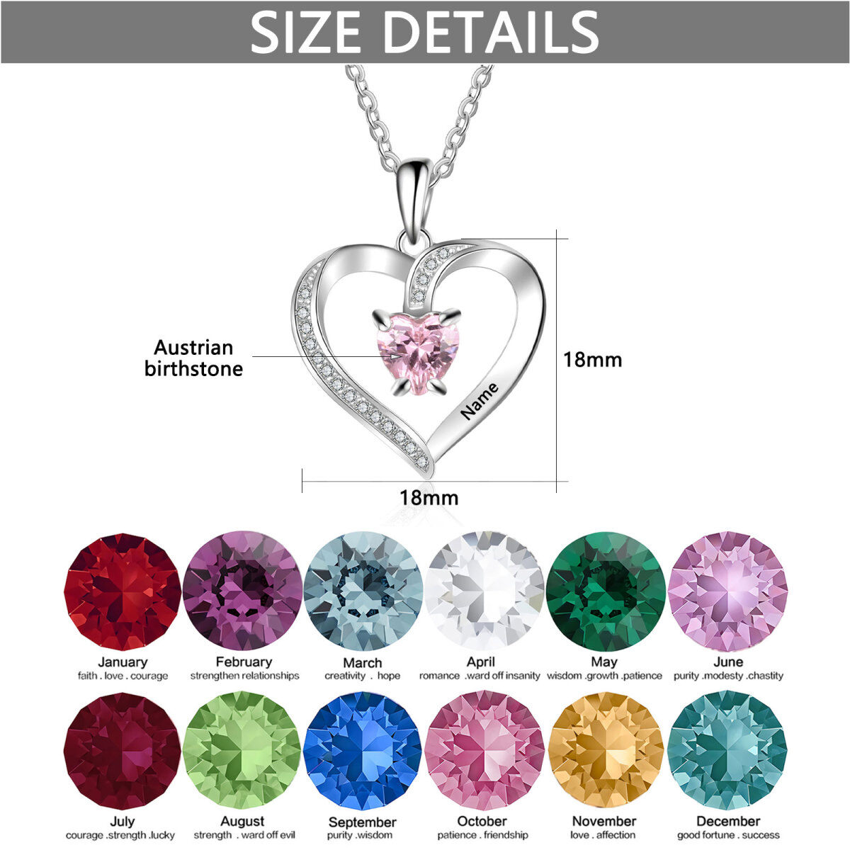 10K White Gold Heart Shaped Cubic Zirconia Personalized Birthstone Pendant Necklace-5