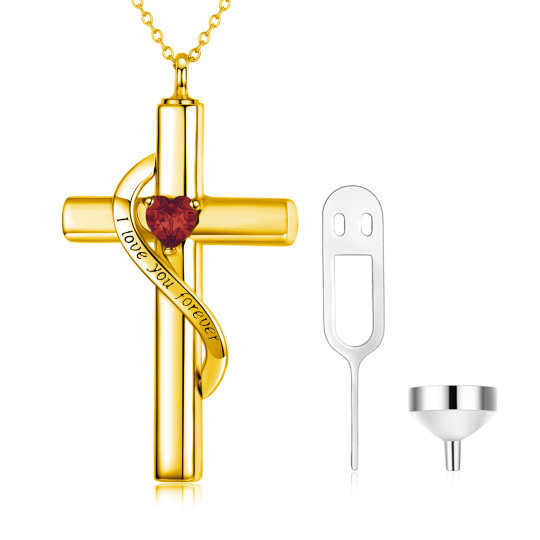 10K Gold Cross & Heart Urn Necklace For Ashes With January Birthstone Engraved I Love You Forever