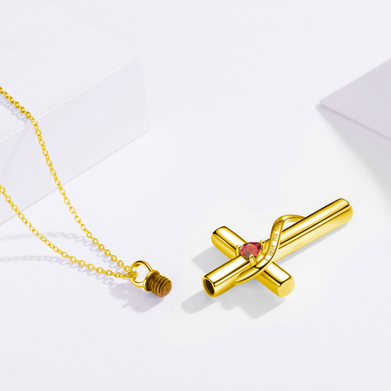 10K Gold Cross & Heart Urn Necklace For Ashes With January Birthstone Engraved I Love You Forever-3