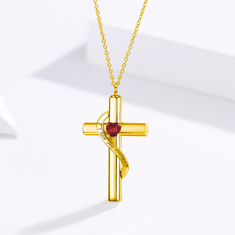 10K Gold Cross & Heart Urn Necklace For Ashes With January Birthstone Engraved I Love You Forever-4