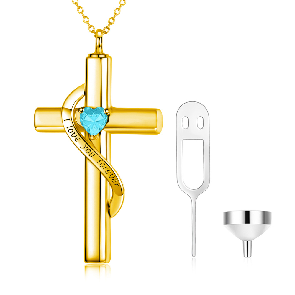 Collar de urna para cenizas con forma de corazón y cruz de oro de 18 quilates con piedra de nacimiento de marzo grabada 