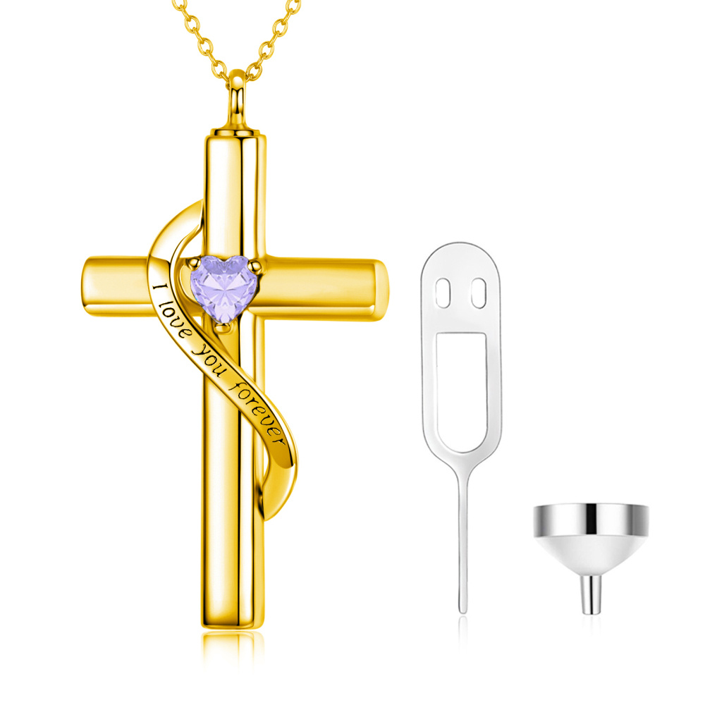 Collar de urna para cenizas con forma de corazón y cruz de oro de 14 quilates con piedra natal de junio grabada 